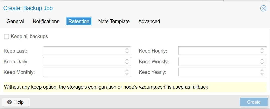 Reiter „Retention“ eines Proxmox-Backup-Jobs mit den leeren Feldern Keep Last, Keep Hourly, Keep Daily, Keep Weekly, Keep Monthly und Keep Yearly sowie dem Hinweis, dass ohne Angabe die Konfiguration des Speichers greift