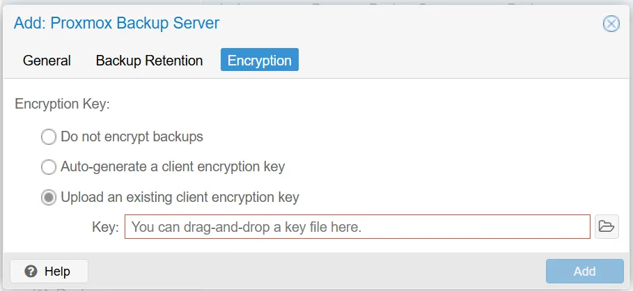 Dialog „Add: Proxmox Backup Server“, Reiter Encryption, mit den drei Optionen: nicht verschlüsseln, Schlüssel automatisch erzeugen, vorhandenen Schlüssel hochladen