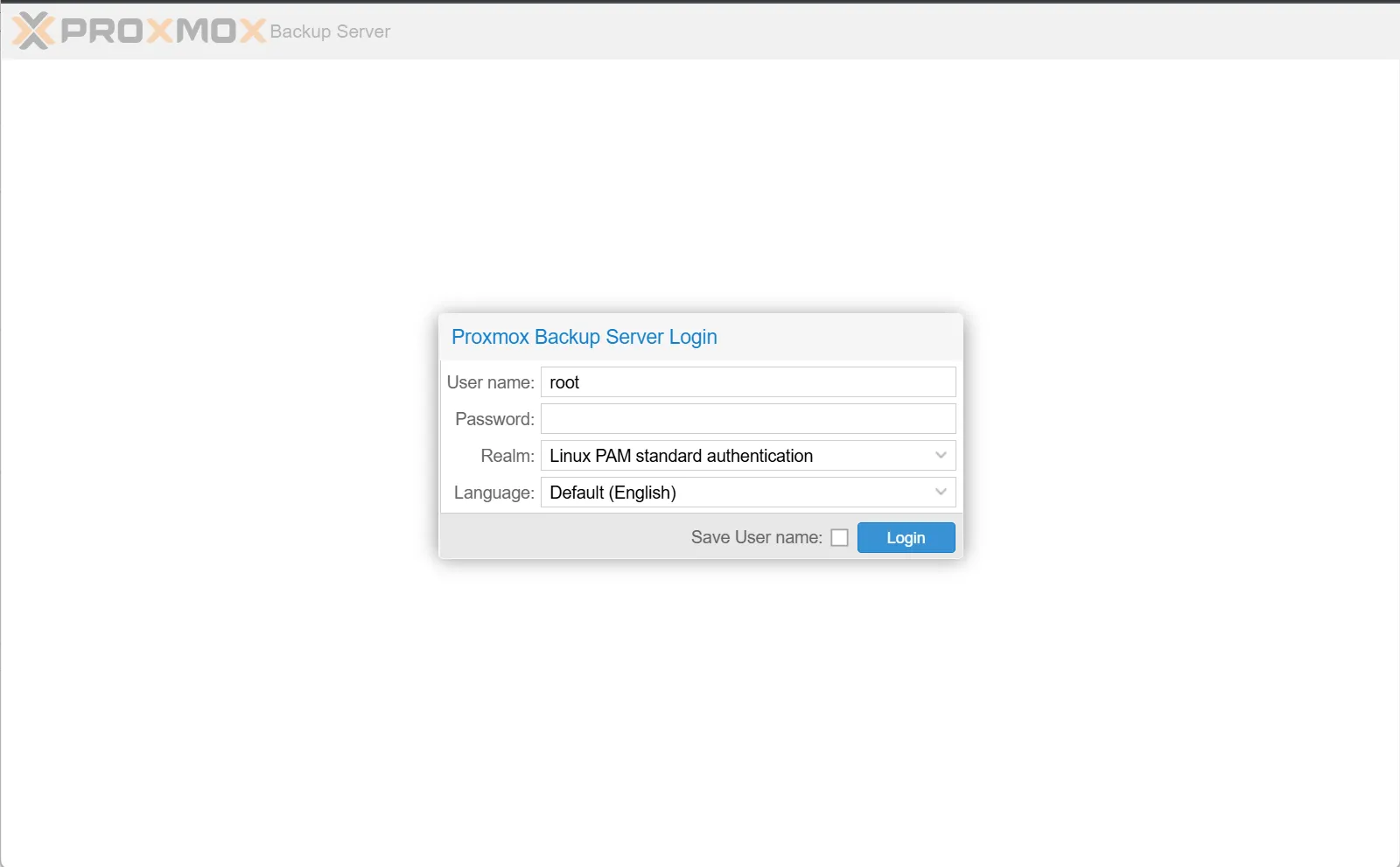 Anmeldemaske des Proxmox Backup Server mit den Feldern Benutzername, Passwort, Realm und Sprache