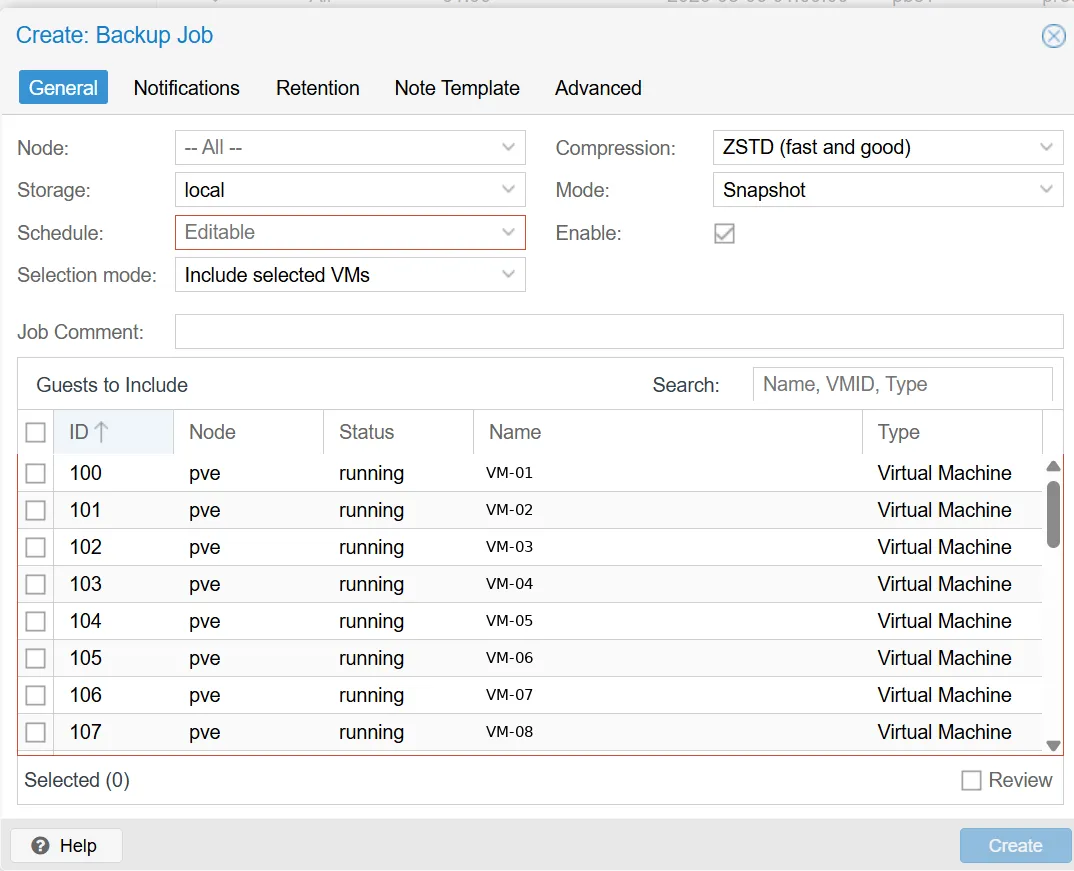 Dialog „Create: Backup Job“, Reiter General: Auswahl von Node, Storage, Zeitplan, Kompression und Modus, darunter die Liste der zu sichernden Gäste mit ID, Node, Status, Name und Typ