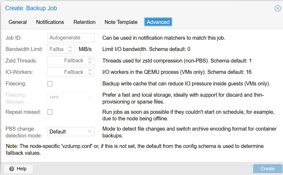 Reiter „Advanced“ mit den Optionen Job ID, Bandwidth Limit, Zstd Threads, IO-Workers, Fleecing, Repeat missed und PBS change detection mode