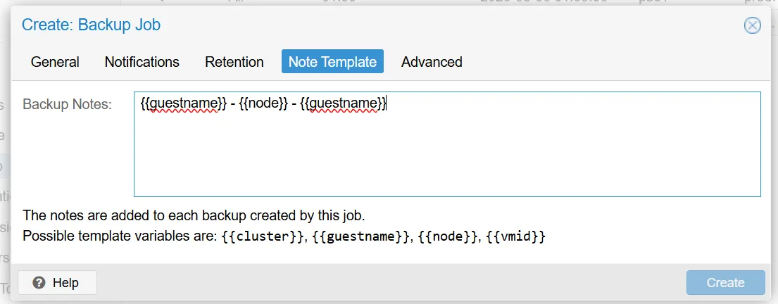 Reiter „Note Template“ mit der Vorlage „{{guestname}} - {{node}} - {{guestname}}“ und der Liste der verfügbaren Platzhalter cluster, guestname, node und vmid