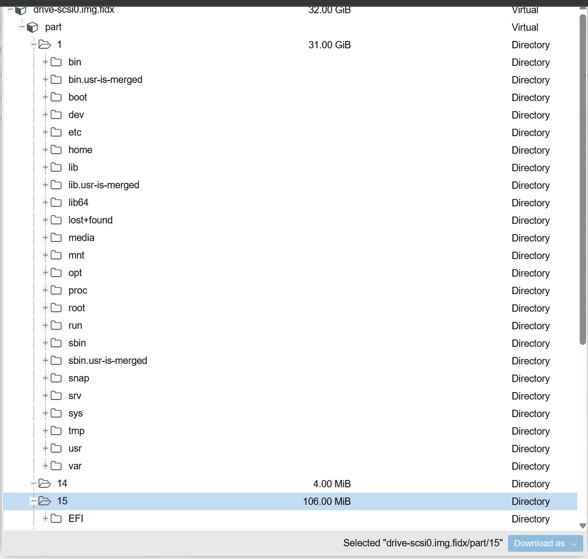 PBS-Dateiwiederherstellung: aufgeklappter Verzeichnisbaum im Abbild drive-scsi0, ausgewählt ist eine Partition mit 106 MiB, unten die Schaltfläche „Download as“