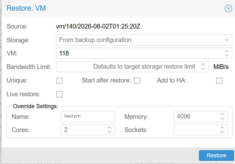 Restore-Dialog in Proxmox VE: als Quelle ein Sicherungsstand der VM 140, als Ziel die abweichende VM-ID 118, Häkchen bei „Start after restore“ nicht gesetzt